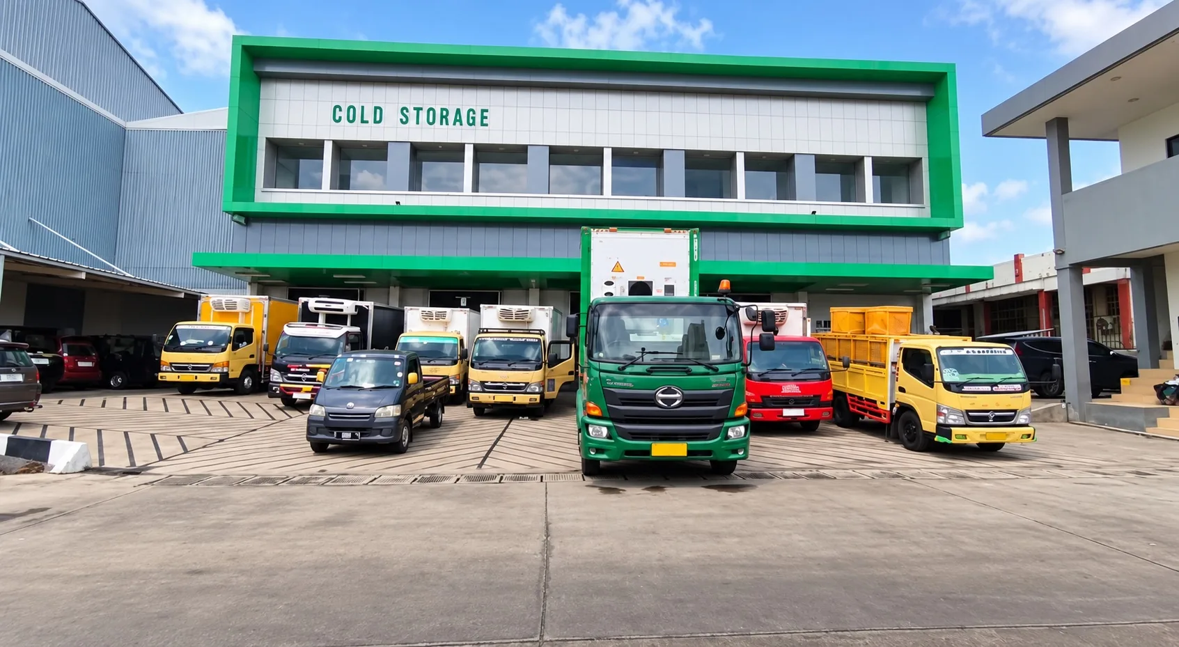 Cold storage building exterior with parked trucks