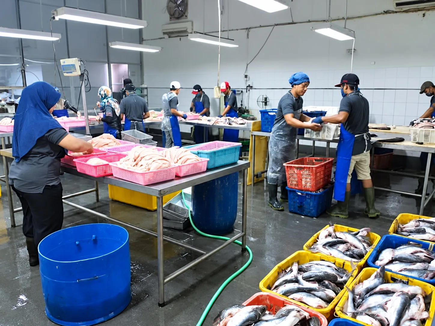Seafood processing room with workers